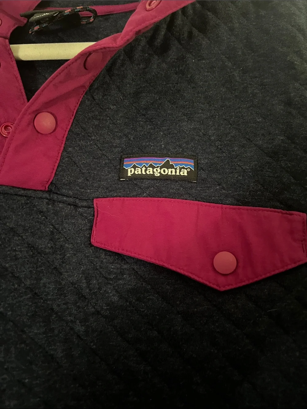 Patagonia Men’s Navy Quilted Crewneck Pullover with Magenta Accents